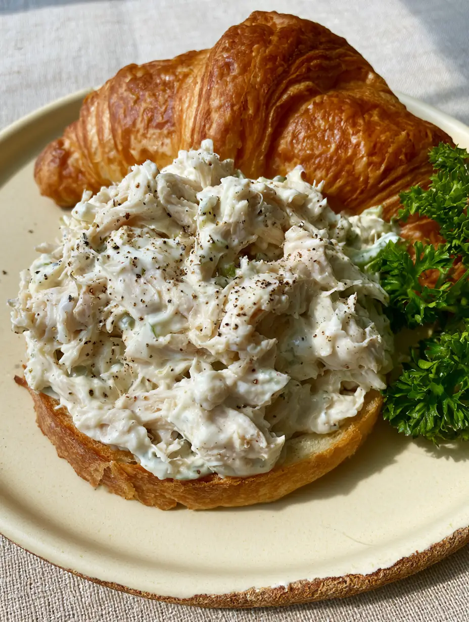 Macro top-down shot of ultra-creamy, finely shredded classic carol chicken salad on a toasted croissant with visible black pepper specks.