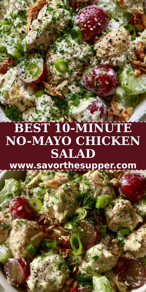 Healthy Chicken Salad Recipes with Creamy Greek Yogurt and Fresh Dill 3 A top-down view of healthy chicken salad recipes featuring moist chicken chunks, creamy Greek yogurt, crimson grapes, and fresh dill in a white bowl. (Healthy Chicken Salad Recipes)