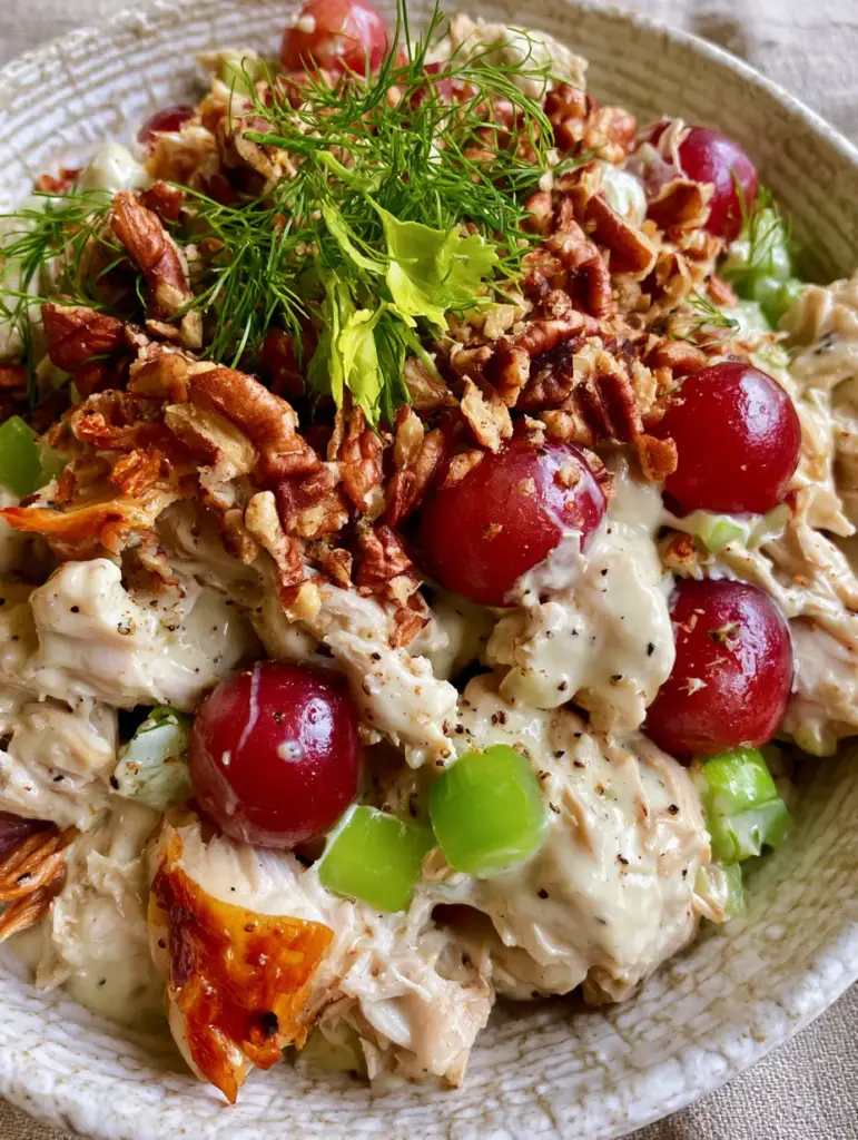 A close up of hand-shredded rotisserie chicken salad with celery and pecans in a rustic bowl.