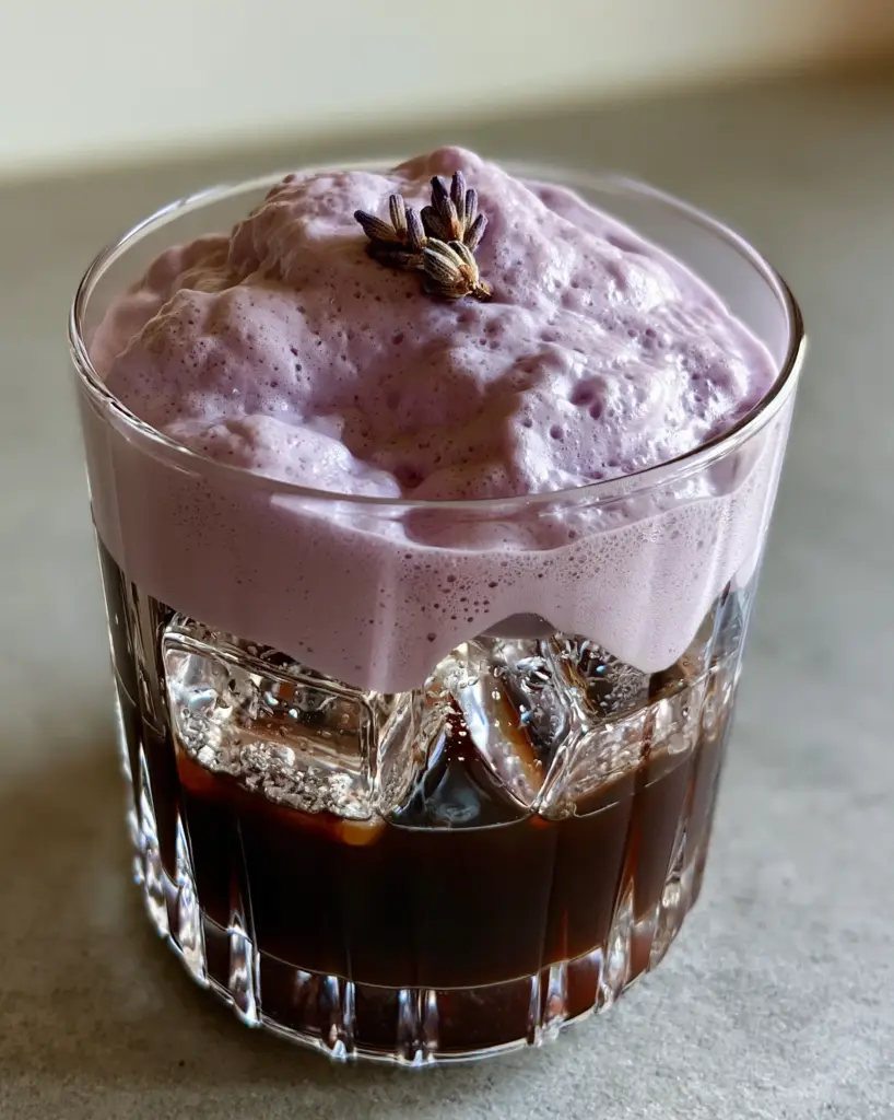 Lavender Cold Foam: The Ultimate Floral Upgrade for Your Morning Brew 1 Side view of Lavender Cold Foam cascading into dark espresso with condensation on a ribbed glass.