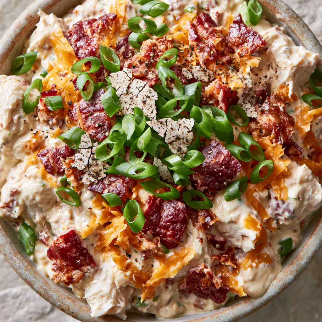 Chicken Salad with Bacon & Cheddar: The Ultimate Creamy and Crunchy Recipe 1 A close-up view of the glossy ivory dressing and vibrant green scallion garnish on the Chicken Salad with Bacon & Cheddar.
