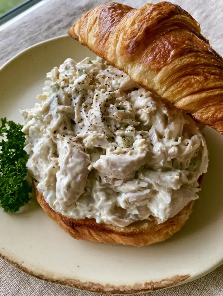 A mound of classic carol chicken salad showing the glossy dressing and minced celery on a rustic ceramic plate.