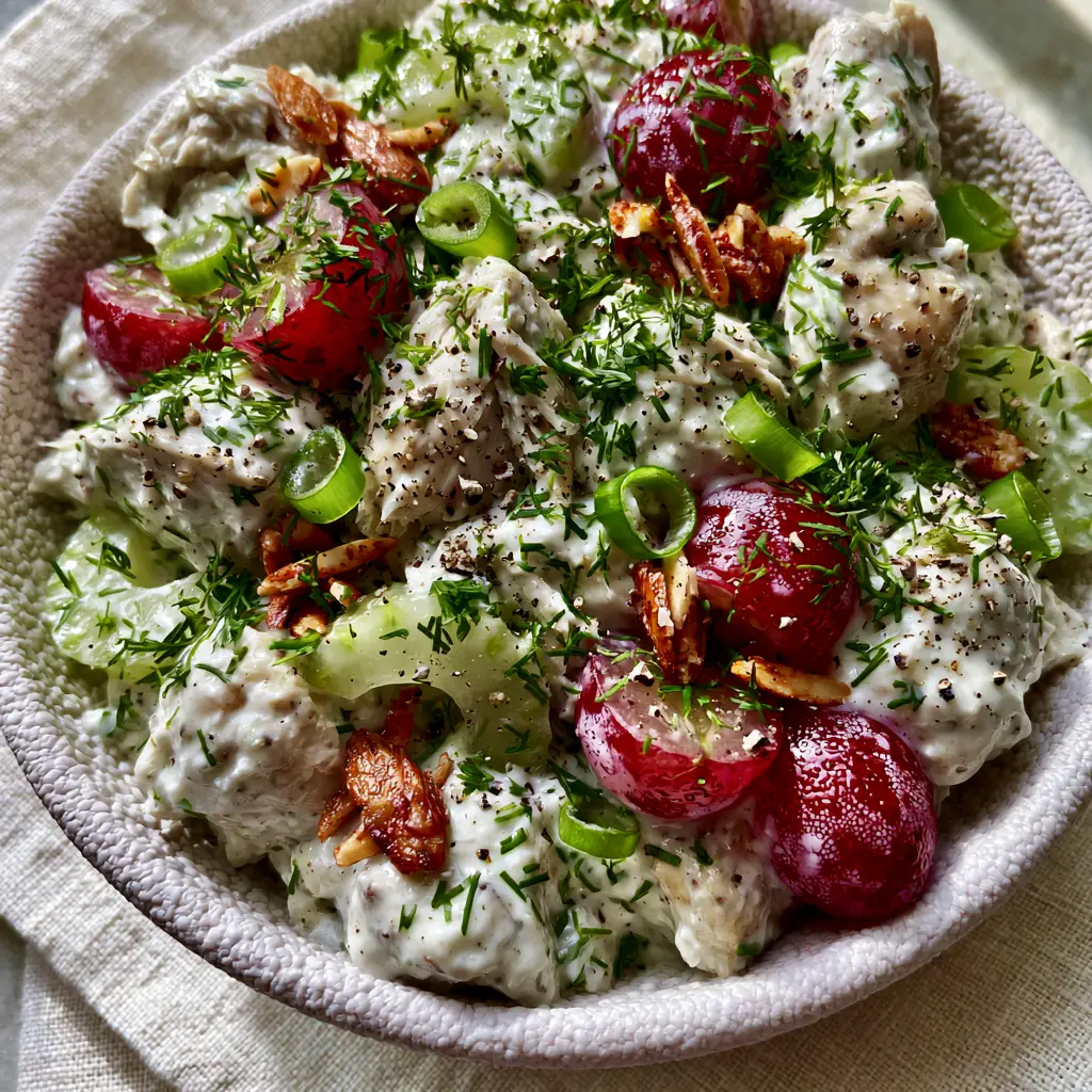 Healthy Chicken Salad Recipes with Creamy Greek Yogurt and Fresh Dill 2 Macro top-down lifestyle photograph of healthy chicken salad with thick yogurt dressing, celery, and toasted almonds. (Healthy Chicken Salad Recipes)