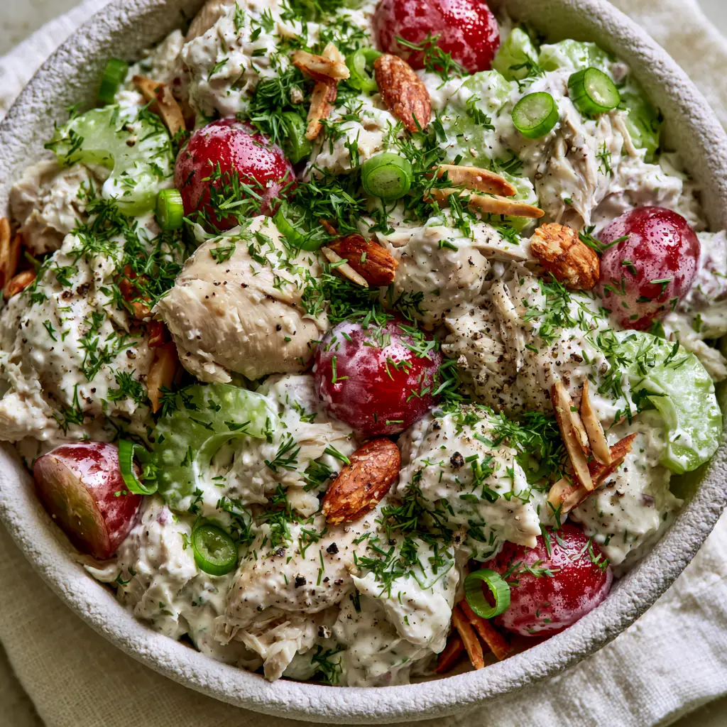 Healthy Chicken Salad Recipes with Creamy Greek Yogurt and Fresh Dill 1 A vibrant healthy chicken salad inside a matte white ceramic bowl with dewy red grapes and fresh scallions.