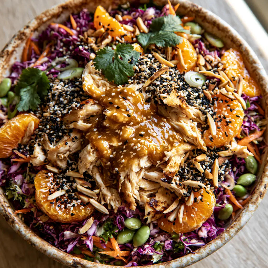Close up of thick glossy ginger dressing drizzled over seared shredded chicken in an Asian sesame chicken salad bowl.