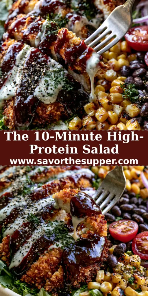 A massive BBQ ranch chicken salad with crispy panko chicken and a thick sauce drizzle in a matte cream bowl.