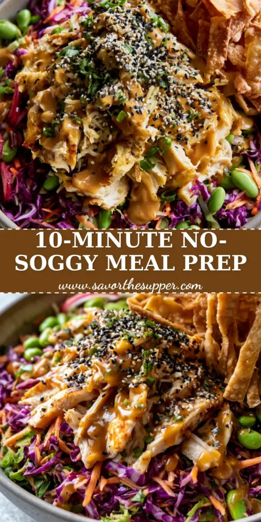 A vibrant Asian Chicken Crunch Salad in a ceramic bowl with shredded cabbage, hand-shredded chicken, and golden wonton strips. (asian chicken crunch salad)