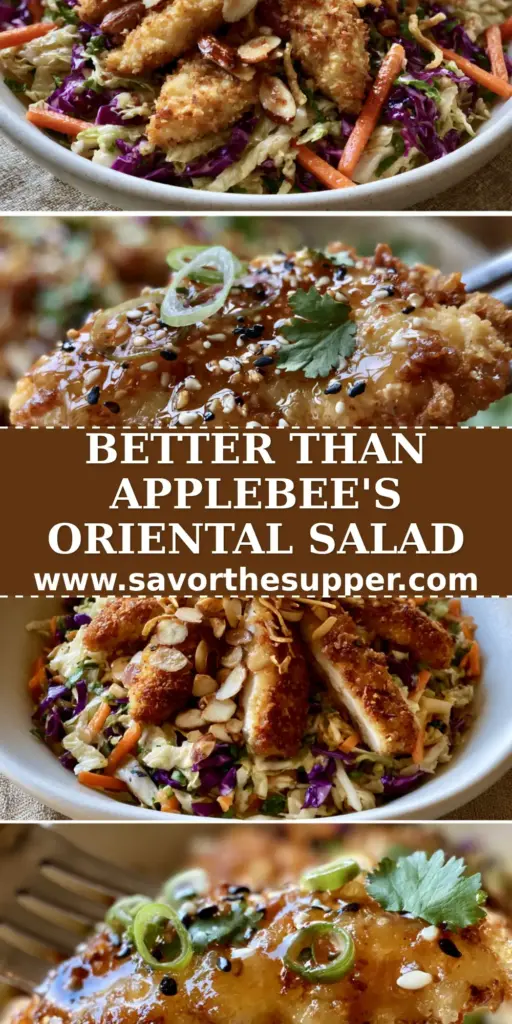 Applebee's Oriental Chicken Salad: The Ultimate Crunchy Copycat Recipe 4 A vertical split image showing the overhead view of Applebee's Oriental Chicken Salad and a macro shot of crunchy panko chicken dripping with translucent honey-sesame dressing.