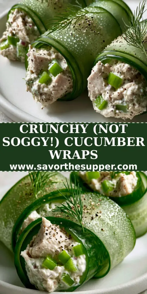 Chicken Salad Cucumber Roll Ups with Creamy Greek Yogurt and Fresh Dill 4 A close-up of three Chicken salad cucumber roll ups on a white plate with fresh dill sprigs and cracked pepper.
