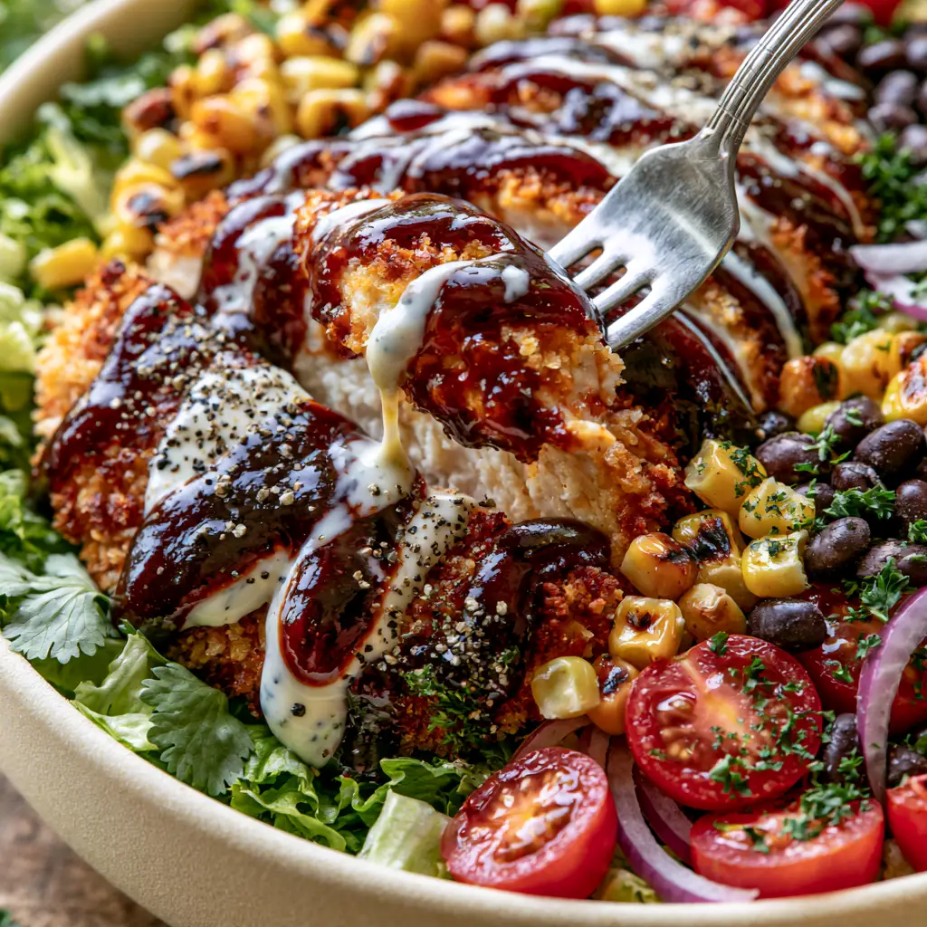 Top-down view of a BBQ ranch chicken salad showing charred corn, black beans, and red cherry tomatoes.