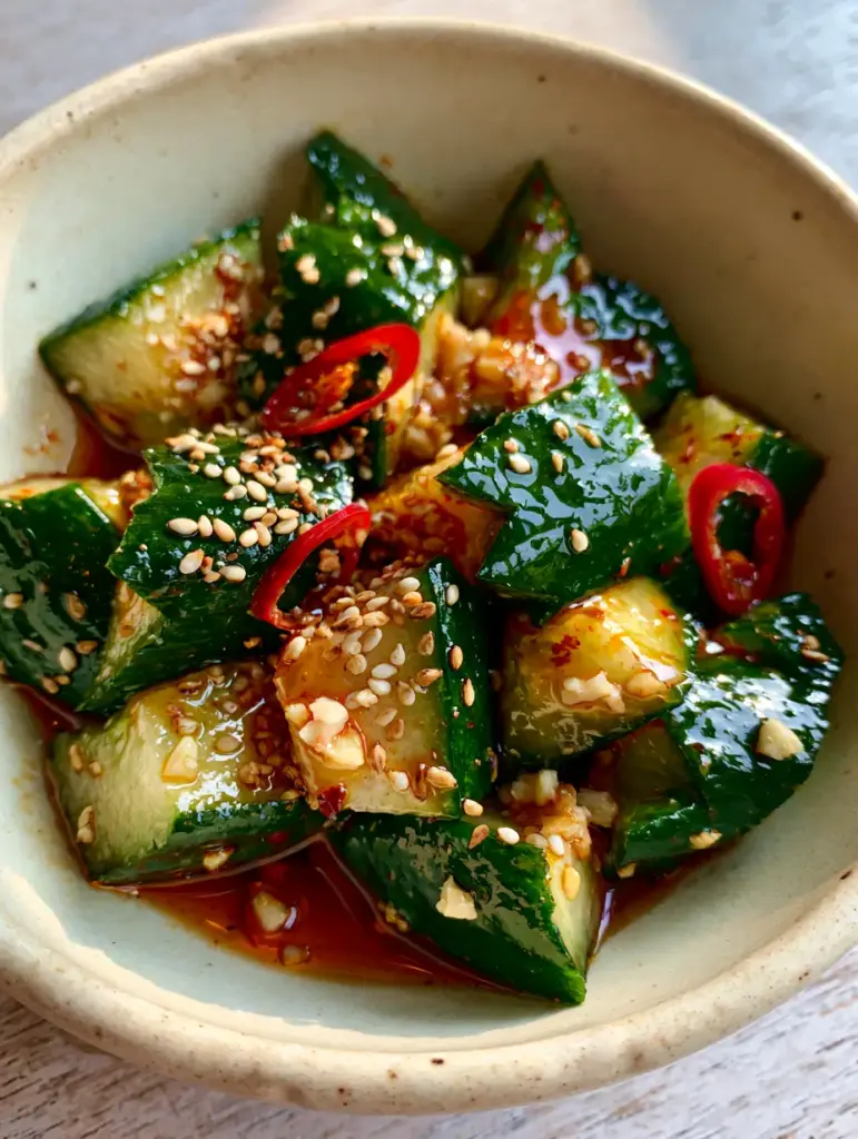 Cucumber Salad Recipe: Spicy Smashed Persian Cucumbers with Chili Oil 1 Close up of a Cucumber Salad Recipe in a ceramic bowl with sesame seeds and red chili rings.