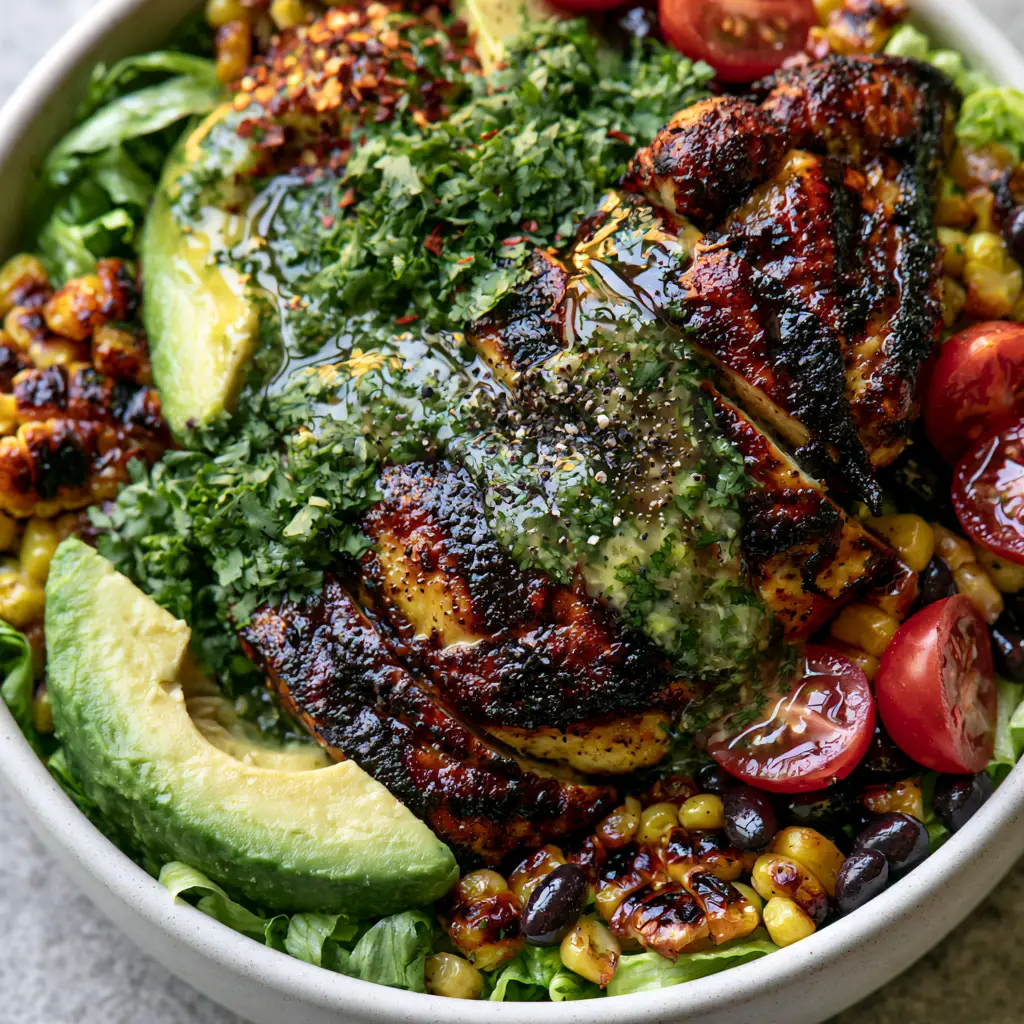 Close up of the translucent cilantro lime vinaigrette over charred corn and black beans in the Honey Lime Chicken Avocado Salad.