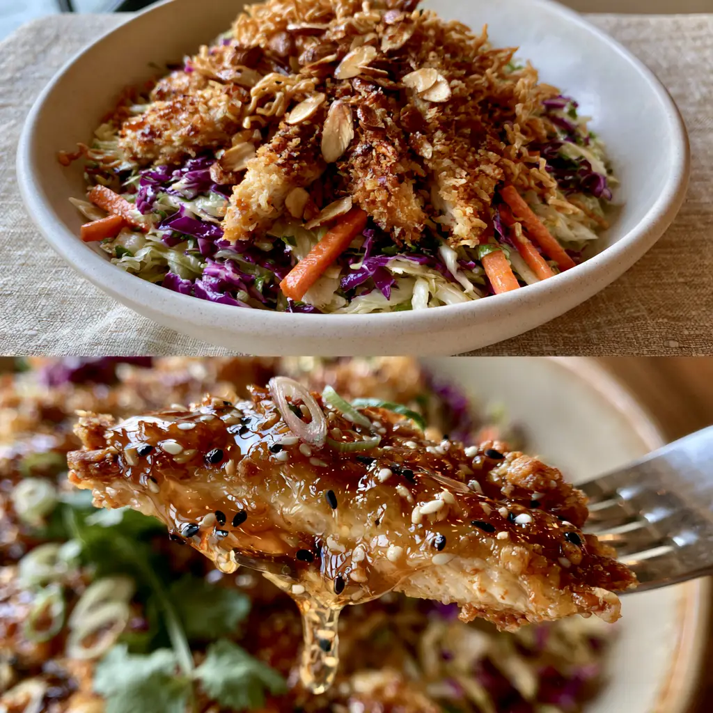 Applebee's Oriental Chicken Salad: The Ultimate Crunchy Copycat Recipe 2 Wide overhead shot of Applebee's Oriental Chicken Salad in a white bowl with napa cabbage, purple cabbage, and panko chicken strips. (Applebee's Oriental Chicken Salad)
