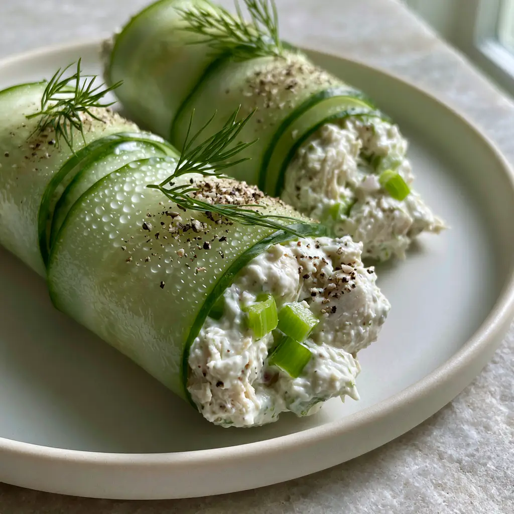 Chicken Salad Cucumber Roll Ups with Creamy Greek Yogurt and Fresh Dill 2 Ultra close-up of translucent cucumber ribbons wrapped around chunky chicken salad with glistening water droplets. (Chicken salad cucumber roll ups)