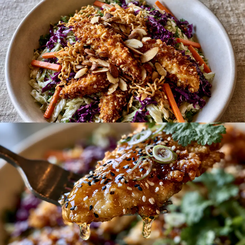 Applebee's Oriental Chicken Salad: The Ultimate Crunchy Copycat Recipe 1 Extreme macro close-up of a fork lifting a piece of panko-breaded crispy chicken dripping with honey-sesame dressing and black sesame seeds.
