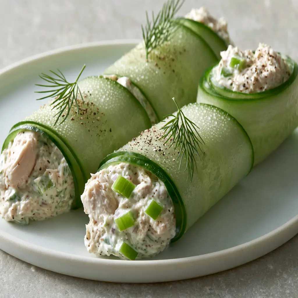 Chicken Salad Cucumber Roll Ups with Creamy Greek Yogurt and Fresh Dill 1 Three neatly arranged Chicken salad cucumber roll ups on a matte white plate with a light grey stone background.