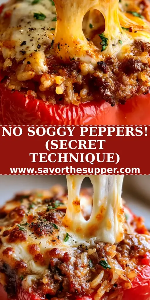 A close-up of a vibrant red stuffed pepper with a dramatic mozzarella cheese pull. (stuffed peppers recipe)