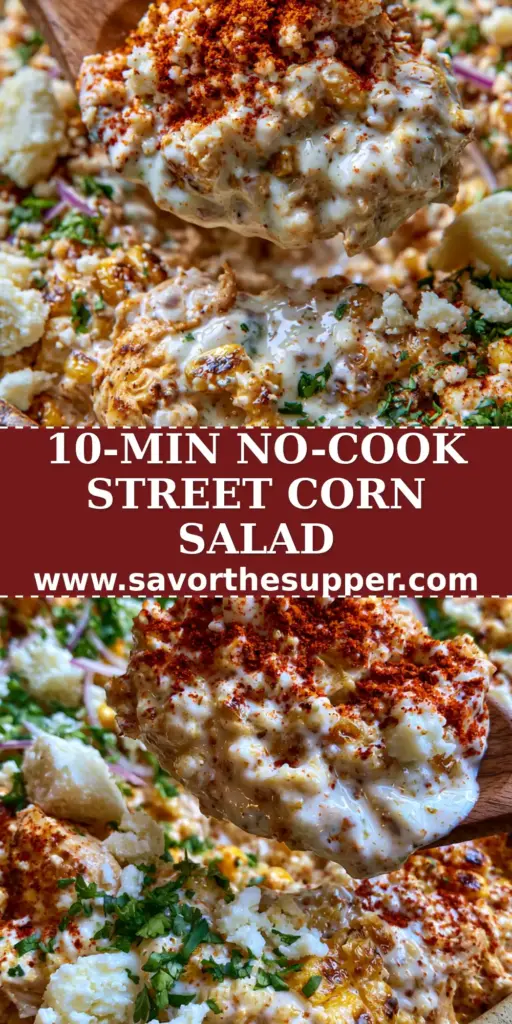 A vertical high-angle shot of a vibrant Mexican street corn chicken salad with shredded chicken, charred corn, and creamy lime dressing. (High protein chicken street corn salad)