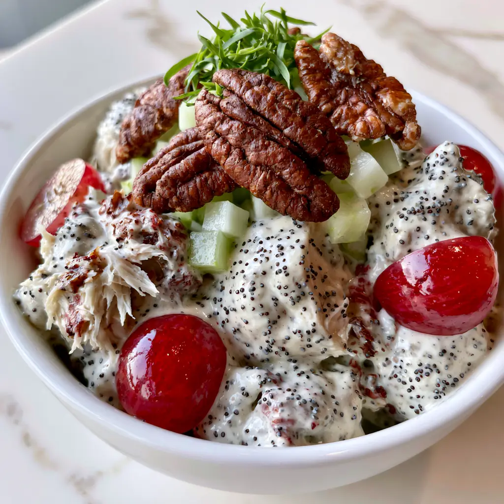 Sonoma Chicken Salad: The Ultimate Creamy Recipe with Grapes and Pecans 2 Macro shot of Sonoma chicken salad showing moist chicken chunks, poppy seeds, and glossy red grapes.