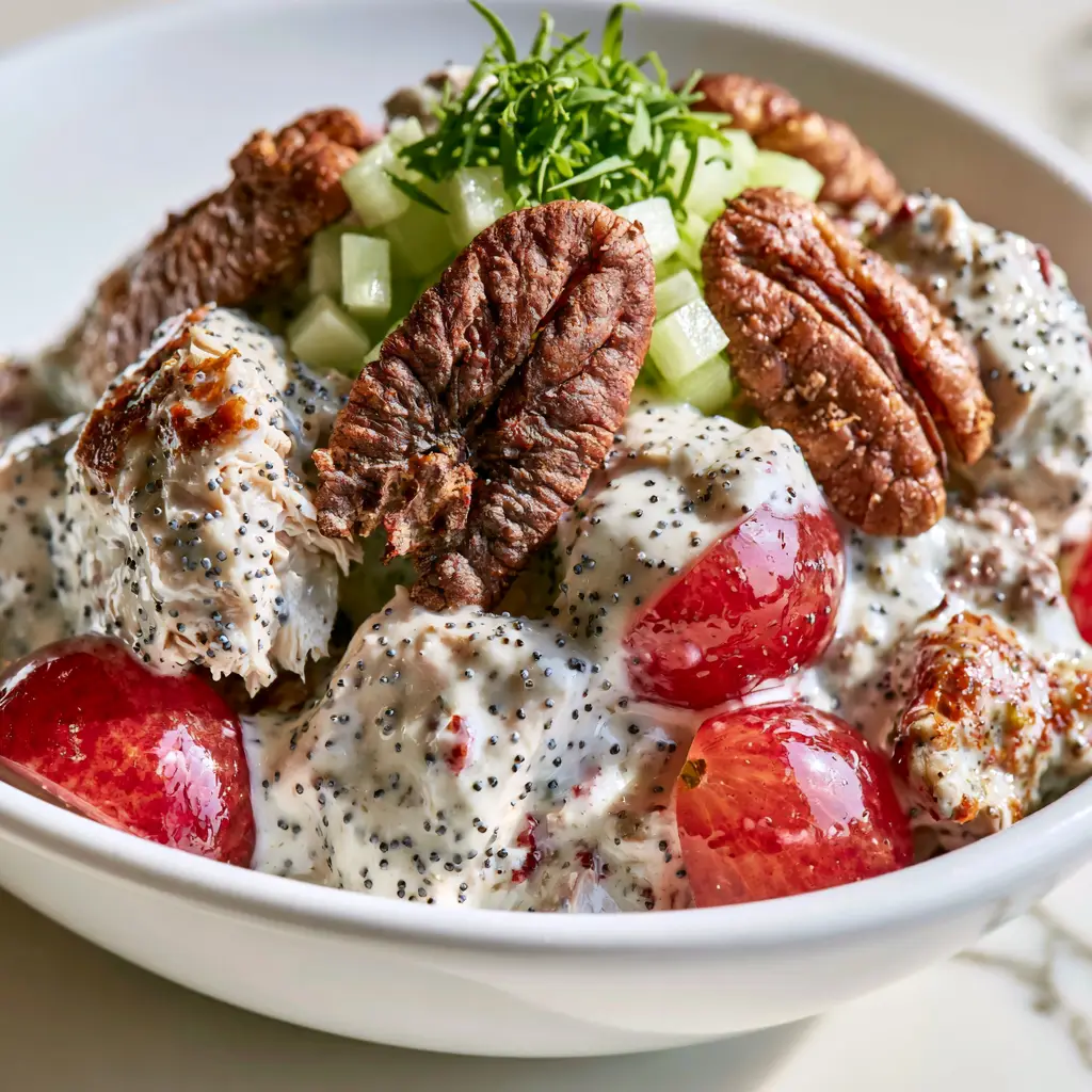 Sonoma Chicken Salad: The Ultimate Creamy Recipe with Grapes and Pecans 1 Eye-level view of Sonoma chicken salad garnished with chopped tarragon and toasted pecans.