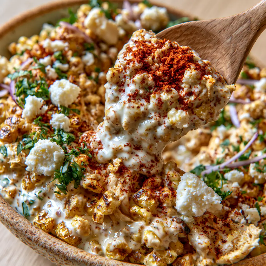 Close up of High protein chicken street corn salad showing cotija cheese crumbles and chili powder dusting.