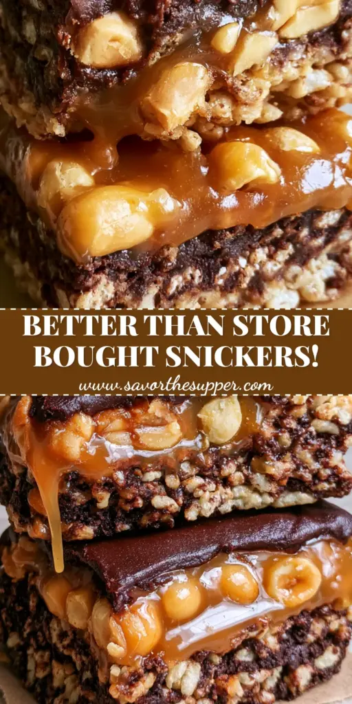 A stack of gourmet No Bake Crispy Snickers Bars on brown parchment paper showing the distinct layers of puffed rice, golden caramel, and dark chocolate.