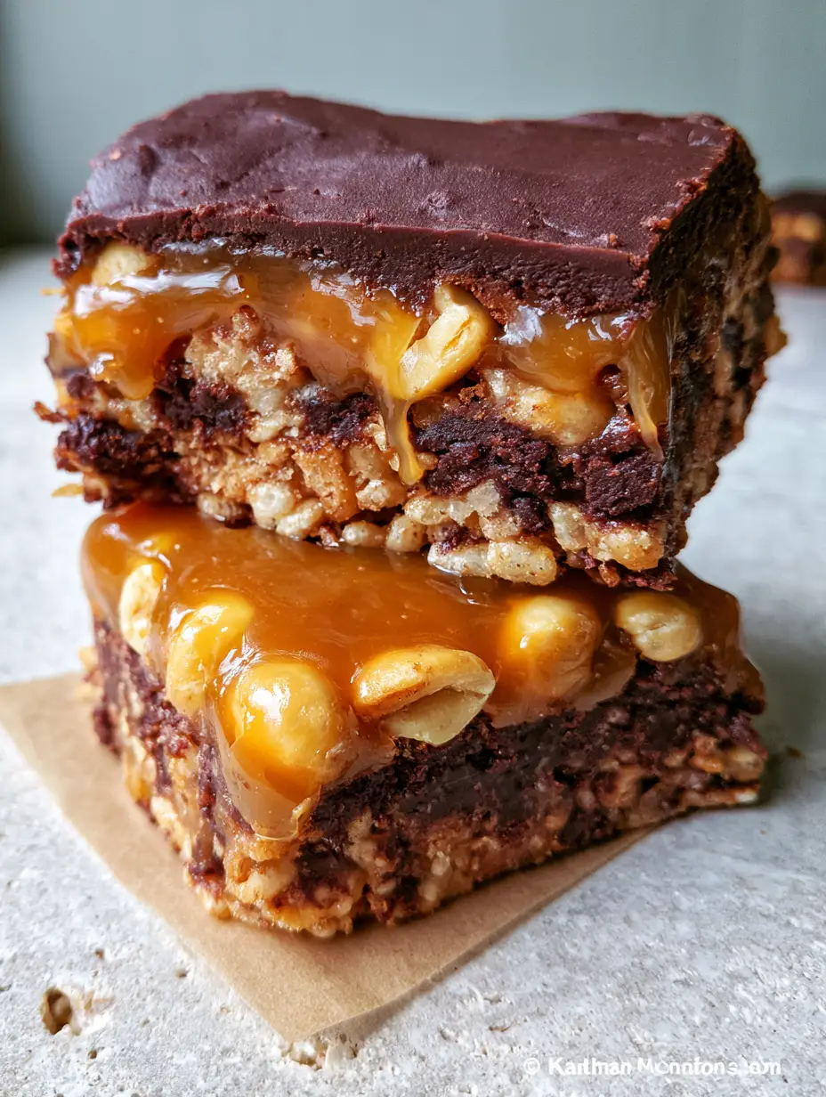 Close-up photo of a thick No Bake Crispy Snickers Bar slice with a slow caramel drip and embedded roasted peanuts.