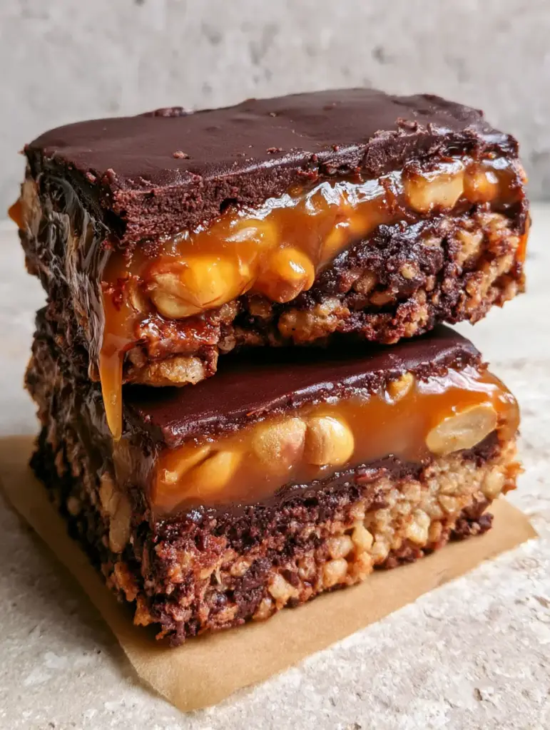 Top view of No Bake Crispy Snickers Bars showing the matte dark chocolate ganache and flaky sea salt garnish.