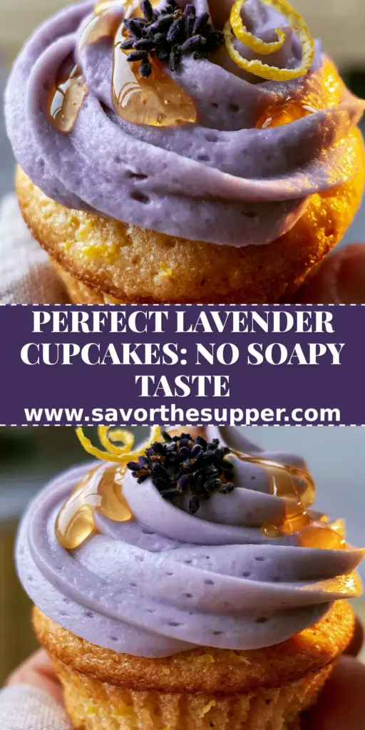 A close-up of gourmet lavender cupcakes with pastel purple honey buttercream swirls and a golden honey drizzle.