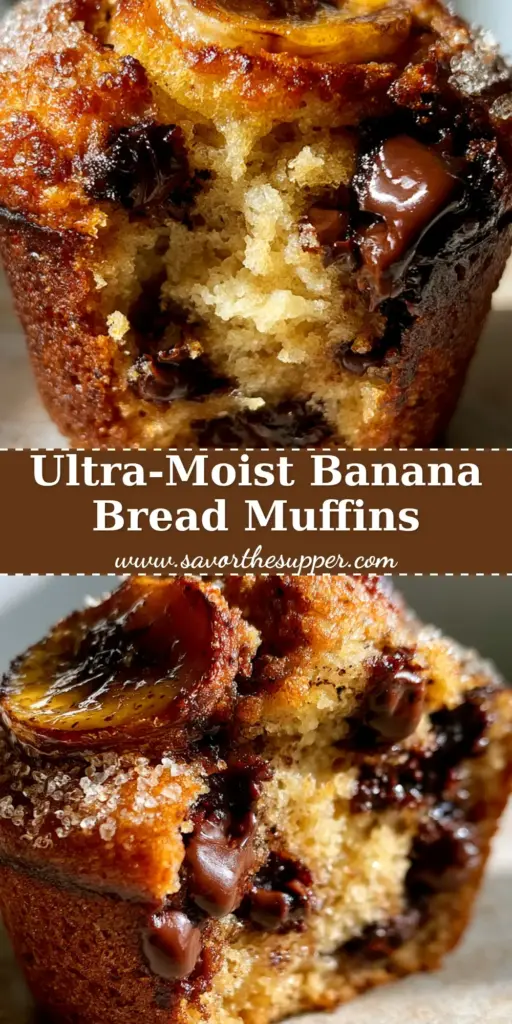Banana Bread Muffins with Caramelized Banana Toppings and Dark Chocolate 4 A stack of bakery-style banana bread muffins featuring golden domes, caramelized banana slices, and sparkling sugar crystals.