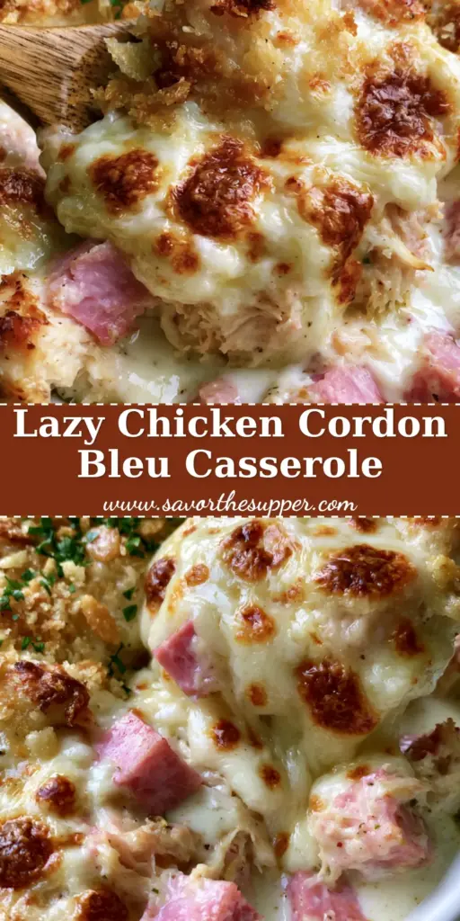 Chicken Cordon Bleu Recipe: The Ultimate Creamy Casserole with a Crispy Panko Crust 4 A close-up vertical shot of a Chicken Cordon Bleu casserole with a dramatic cheese pull and golden-brown panko crust. (Chicken Cordon Bleu recipe)
