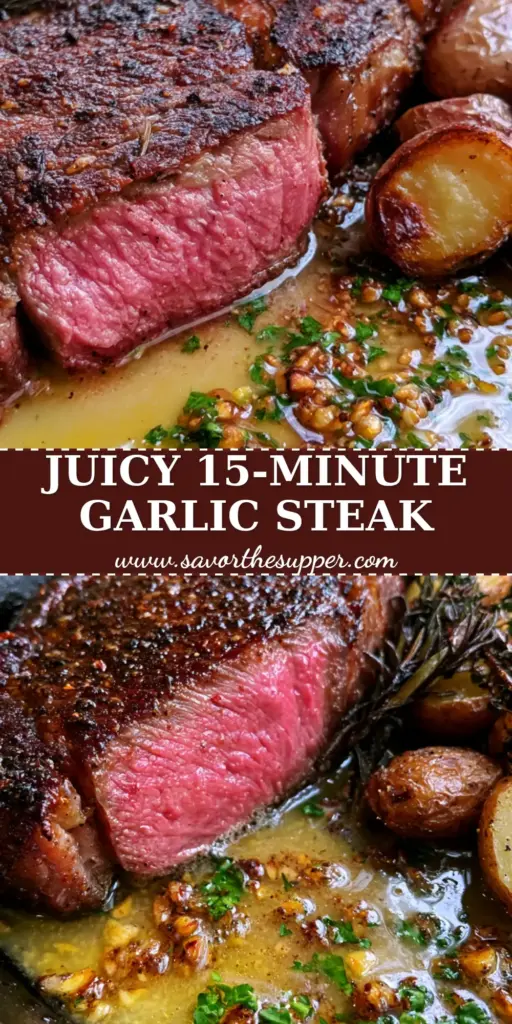 A perfectly seared ribeye steak with a medium-rare pink center, served with garlic butter and blistered potatoes. (juicy steak dinner)