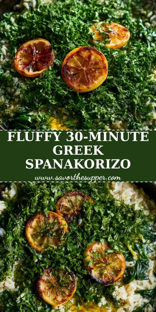 Spanakorizo: The Ultimate Guide to Authentic Greek Spinach and Rice 4 A rustic matte black cast iron skillet filled with fluffy Spanakorizo, featuring vibrant green spinach, fresh dill, and charred lemon rounds on a grey linen background.