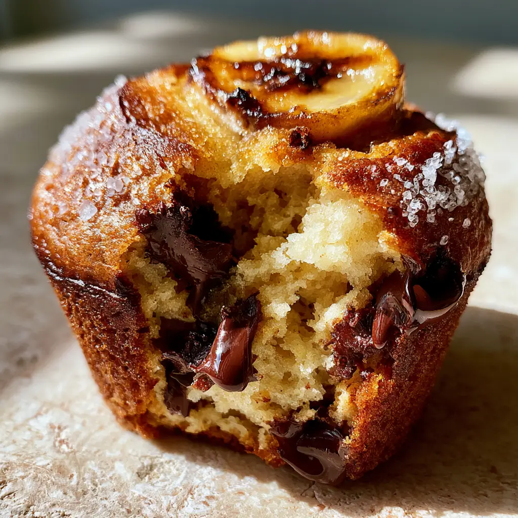 Banana Bread Muffins with Caramelized Banana Toppings and Dark Chocolate 2 Macro photo of a pulled-apart banana bread muffin showing an ultra-moist, fluffy interior and melted dark chocolate chips.