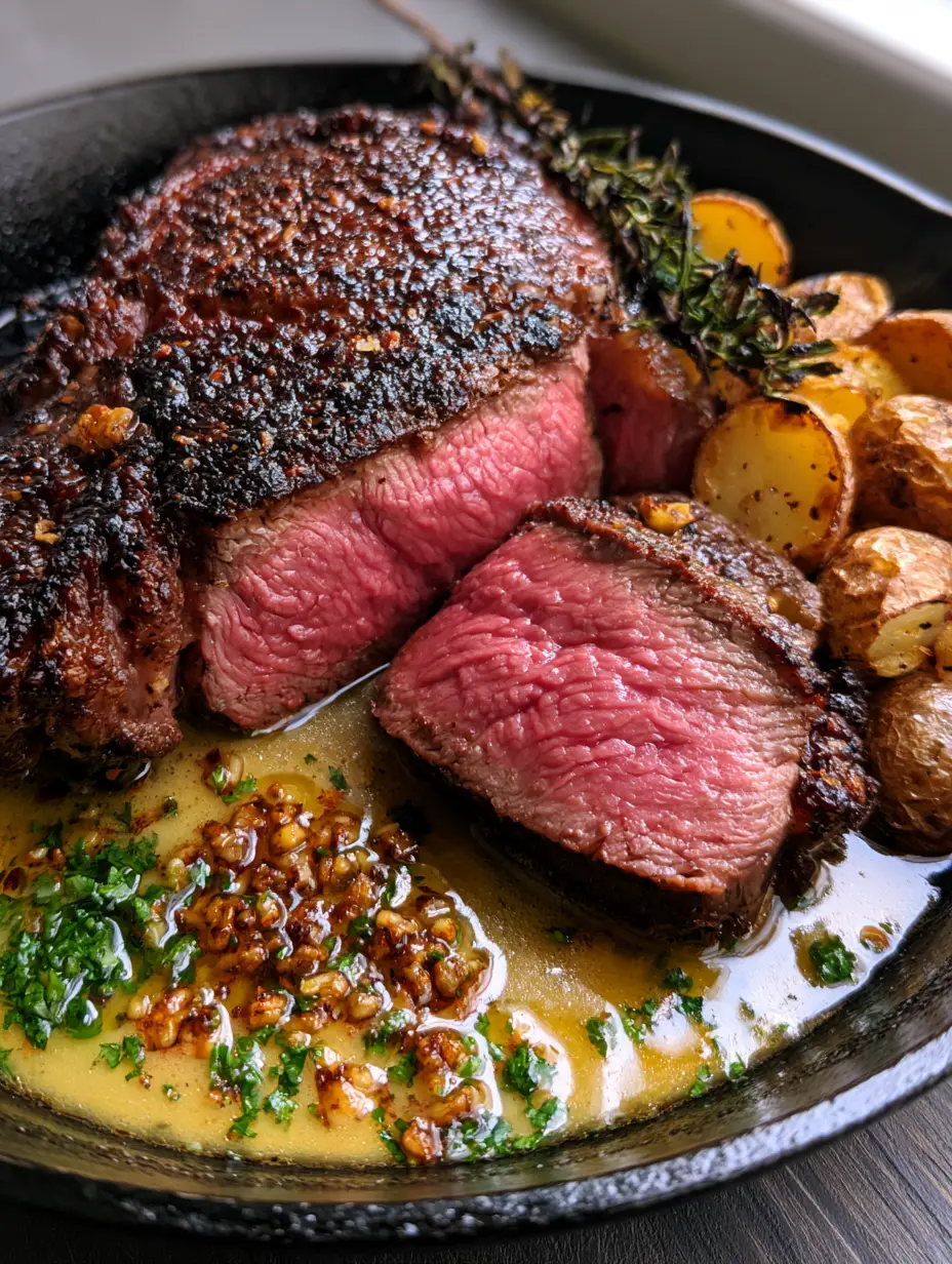 Thick ribeye steak in a cast iron skillet with bubbling garlic butter and fresh herbs. (juicy steak dinner)