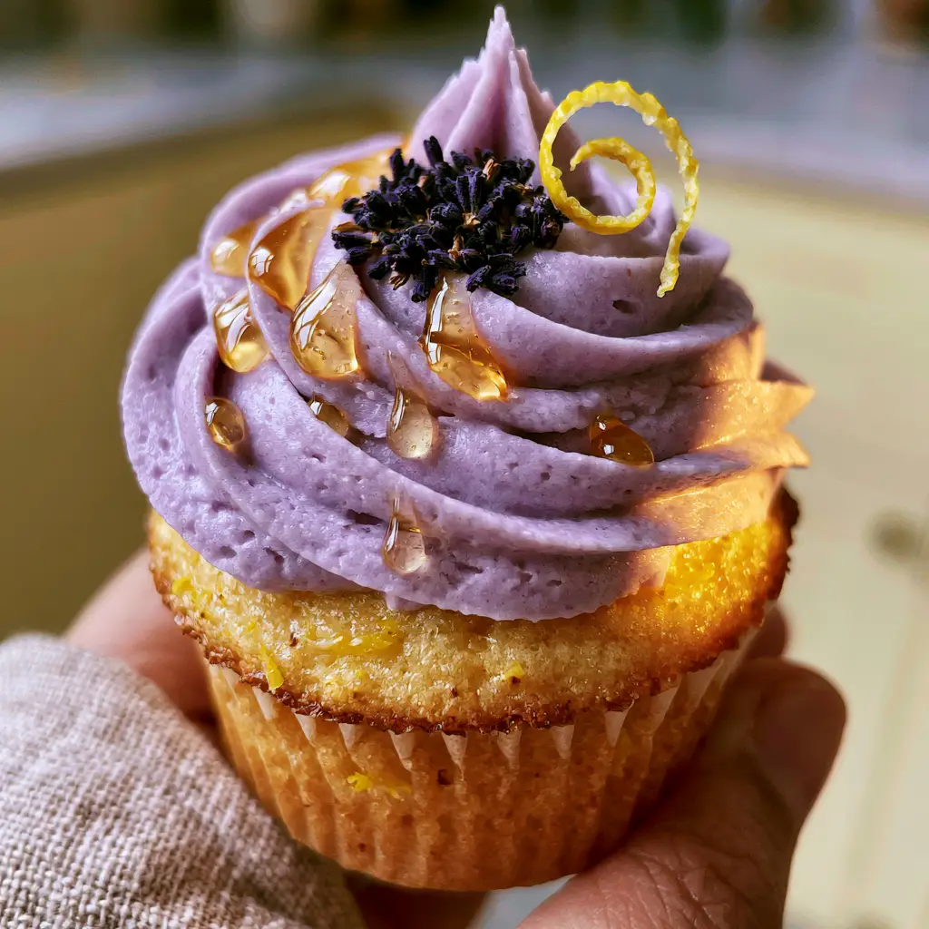 Close-up of the glistening honey drizzle and lemon zest spiral on lavender cupcakes.