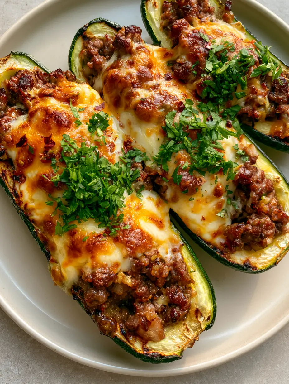 Zucchini Boat Masterclass: Roasted Beef and Bubbly Double-Cheese Boats 3 Close-up of vibrant green roasted Zucchini shells with charred edges and juicy browned beef crumbles flecked with garlic.