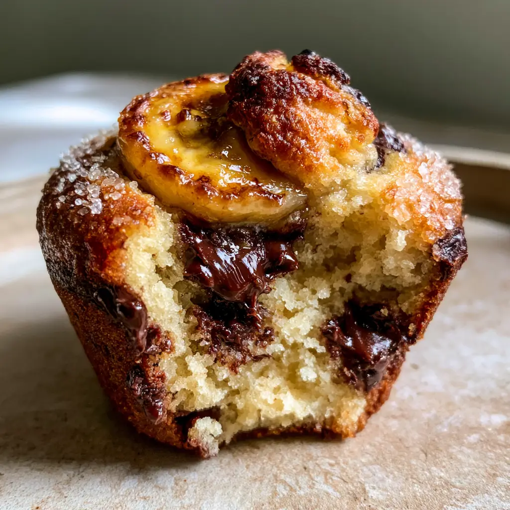 Banana Bread Muffins with Caramelized Banana Toppings and Dark Chocolate 1 Eye-level view of a single banana bread muffin with a rustic cracked dome, glistening banana topping, and oozing chocolate.