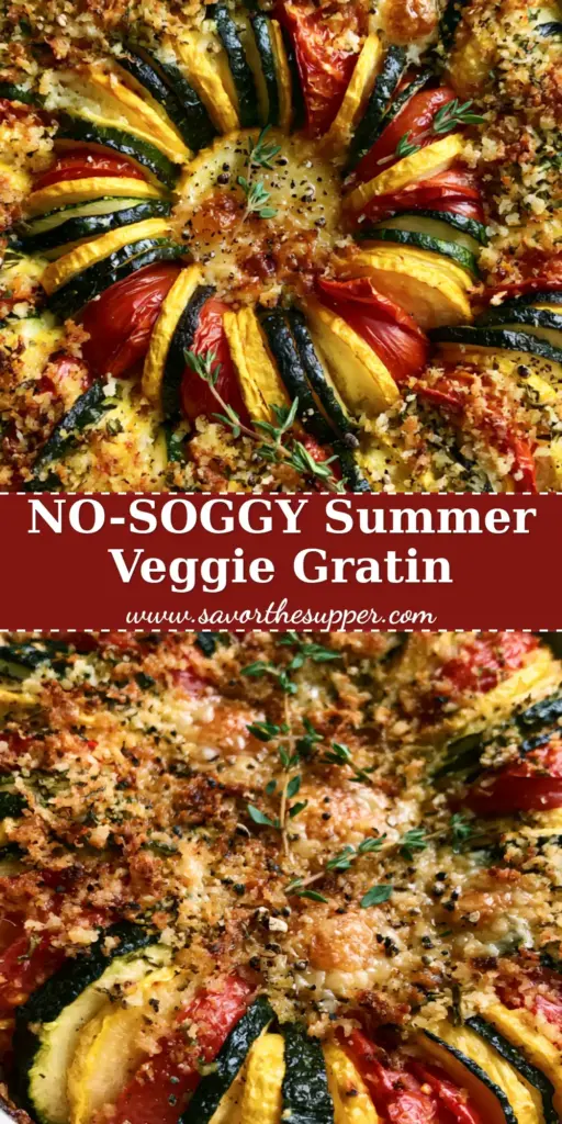 An overhead shot of a Summer vegetable gratin in a white ceramic dish with a spiral of zucchini, squash, and tomatoes and a golden parmesan crust.