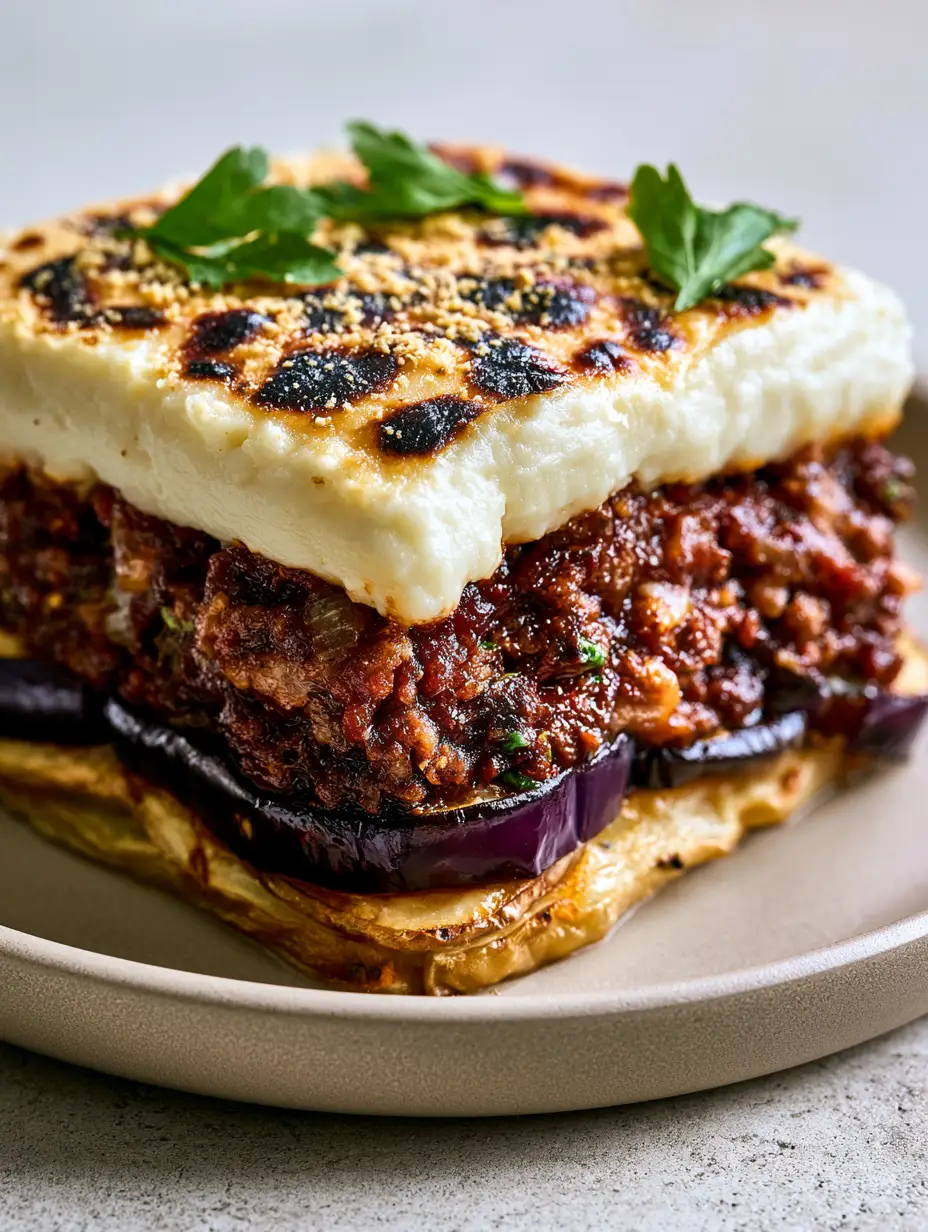 Greek Moussaka: The Ultimate Layered Eggplant and Potato Recipe 4 Close up of the charred eggplant and rich lamb sauce layers in a Greek Moussaka.