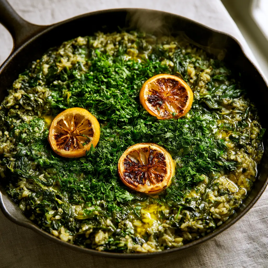 Spanakorizo: The Ultimate Guide to Authentic Greek Spinach and Rice 2 Macro shot of Spanakorizo showing individual pearlescent rice grains and ribbons of wilted spinach garnished with chopped dill. (Spanakorizo)
