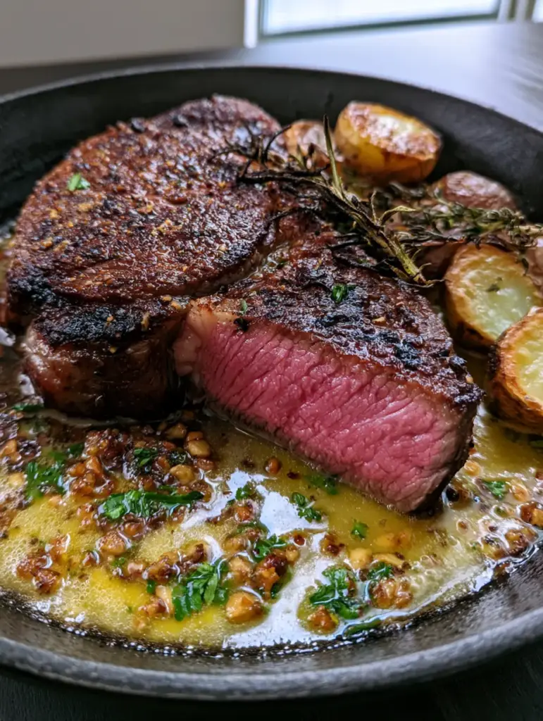 A sliced ribeye steak revealing a tender pink medium-rare center next to crispy baby potatoes.