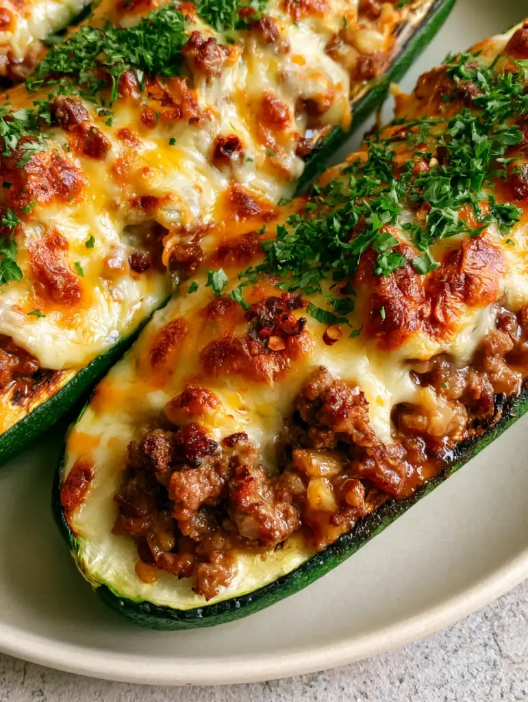 Zucchini Boat Masterclass: Roasted Beef and Bubbly Double-Cheese Boats 1 Macro view of melted mozzarella and sharp cheddar cheese with distinct golden-brown toasted bubbles and red chili flake garnish on Zucchini.
