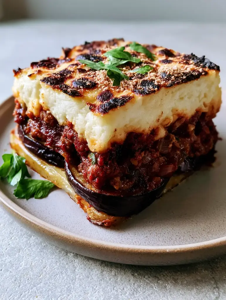 Greek Moussaka: The Ultimate Layered Eggplant and Potato Recipe 1 The golden-brown toasted cheese crust of a Greek Moussaka with dark leopard spots and nutmeg dust.