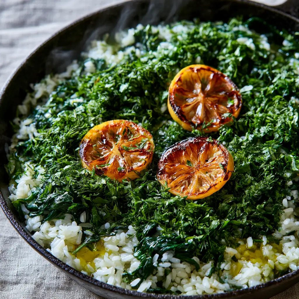 Spanakorizo: The Ultimate Guide to Authentic Greek Spinach and Rice 1 Top-down view of Greek spinach and rice in a black skillet with visible glossy olive oil and steam rising.