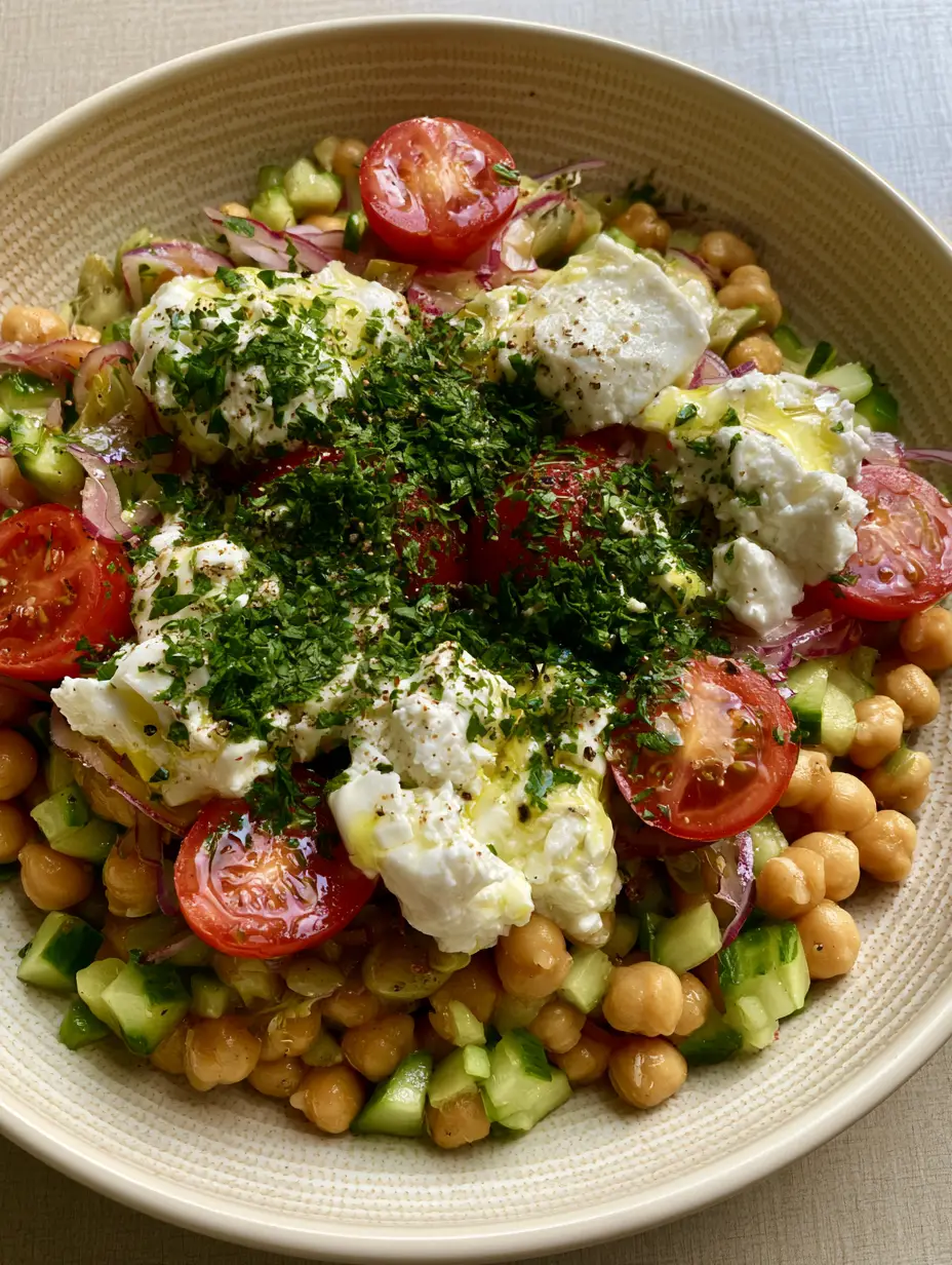A close-up shot showing matte golden chickpeas and small-diced Persian cucumbers in a cucumber chickpea salad.