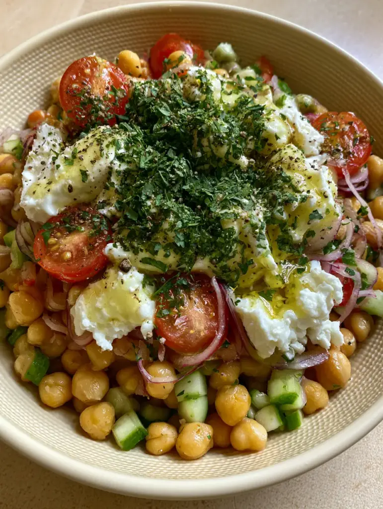 Shimmering lemon-herb dressing coating a cucumber chickpea salad with large feta crumbles and cracked pepper.