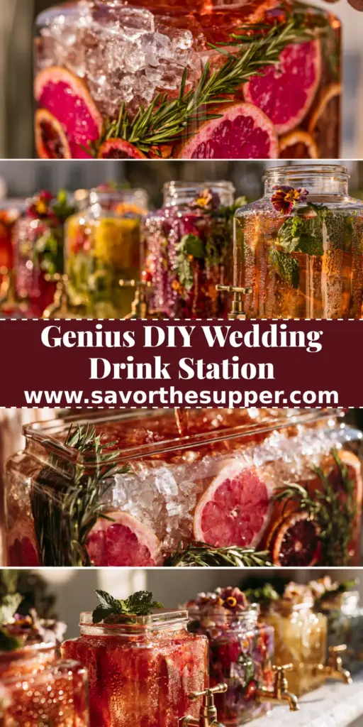 Outdoor Wedding Drinks: Elegant Ruby Hibiscus and Citrus Sparkler 4 A luxurious outdoor wedding drinks station featuring glass dispensers with ruby-red liquid, citrus slices, and gold-rimmed glasses.