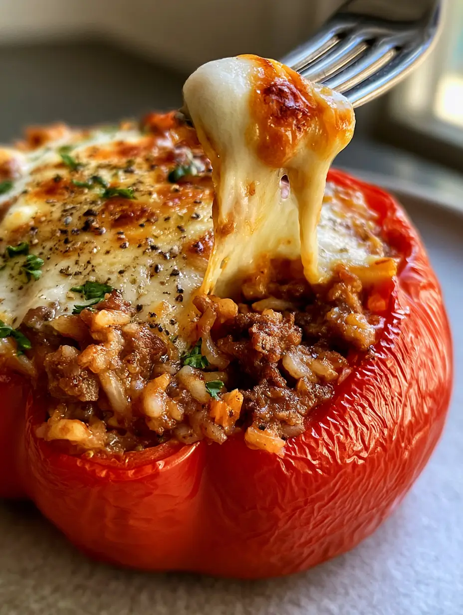 A macro photo of a red bell pepper stuffed with ground beef and rice, garnished with parsley and cracked pepper. (stuffed peppers recipe)