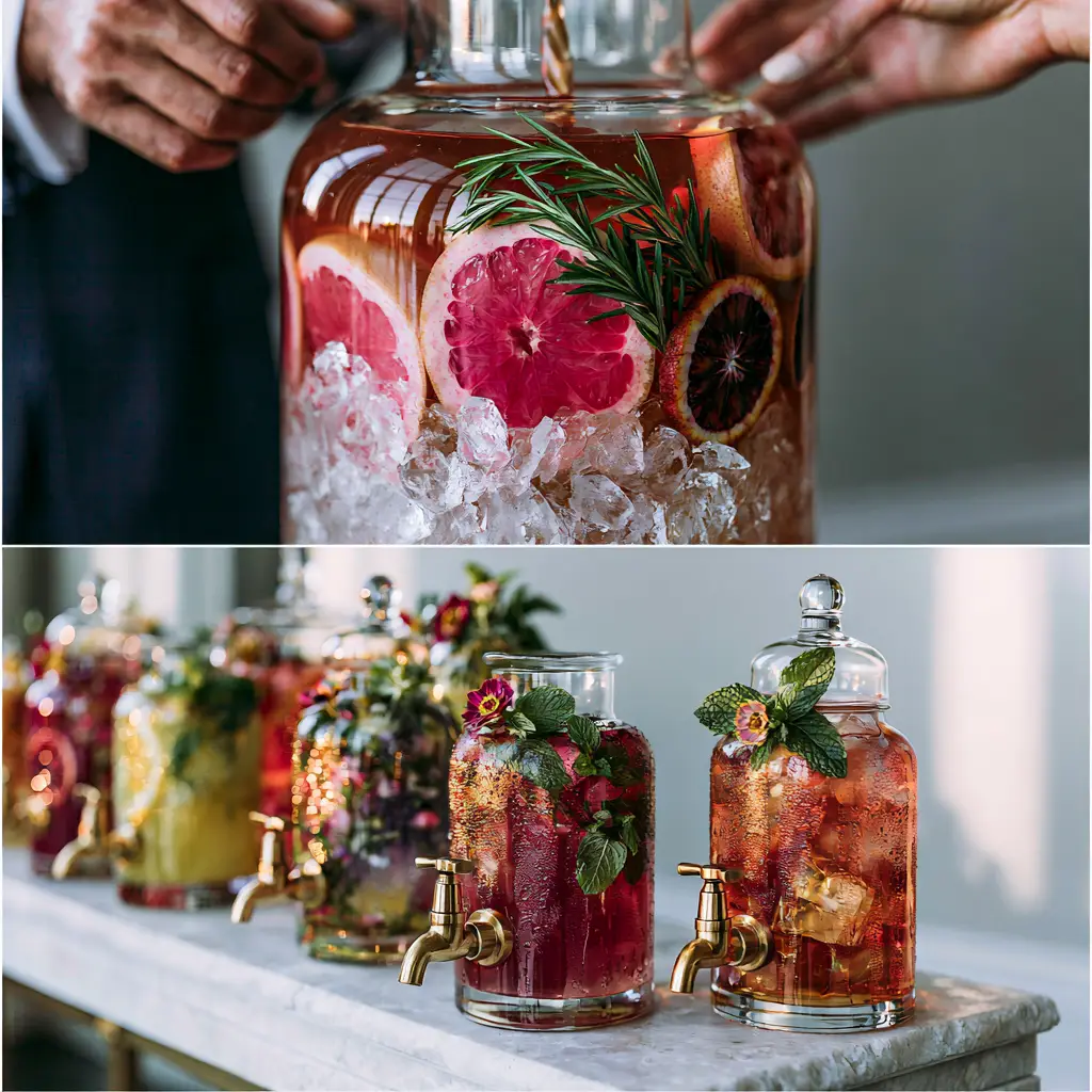 Outdoor Wedding Drinks: Elegant Ruby Hibiscus and Citrus Sparkler 2 Close-up of hands pouring ruby-red liquid over ice and citrus for outdoor wedding drinks.